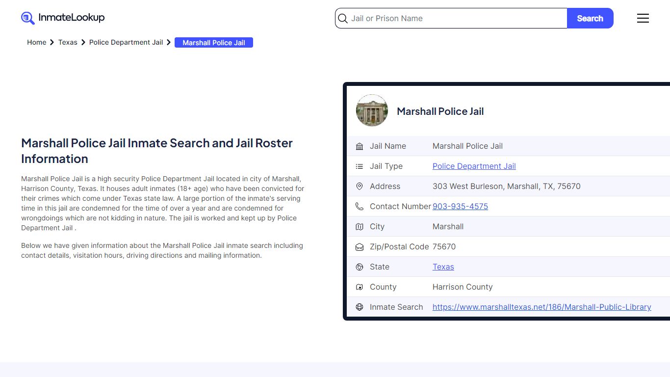 Marshall Police Jail (TX) Inmate Search Texas - Inmate Lookup